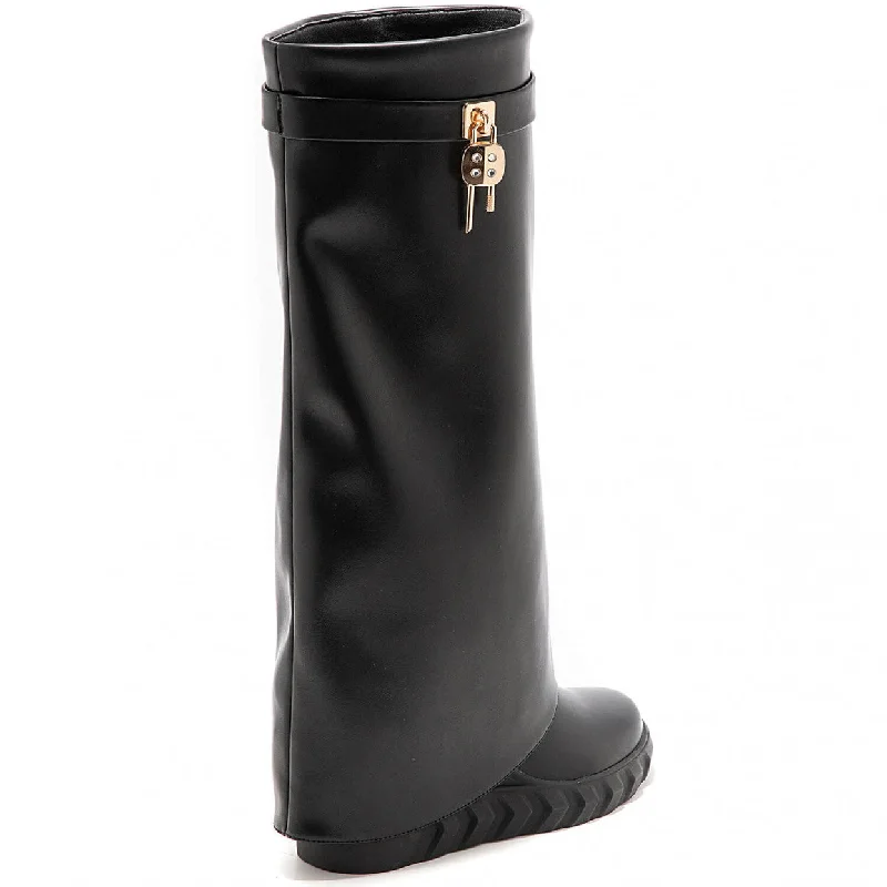 PAMMY BLACK WEDGE KNEE HIGH OVERLAP BOOTS