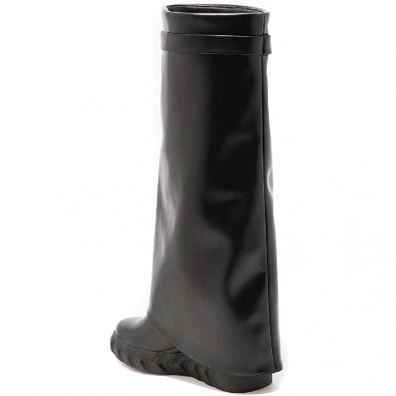 PAMMY BLACK WEDGE KNEE HIGH OVERLAP BOOTS