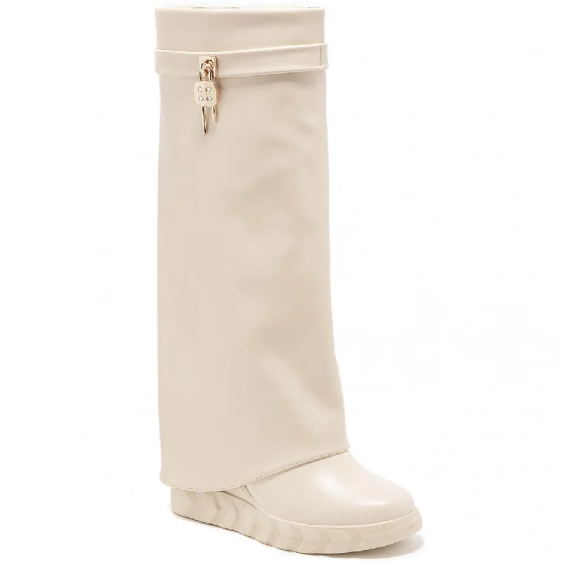 PAMMY CREAM WEDGE KNEE HIGH OVERLAP BOOTS