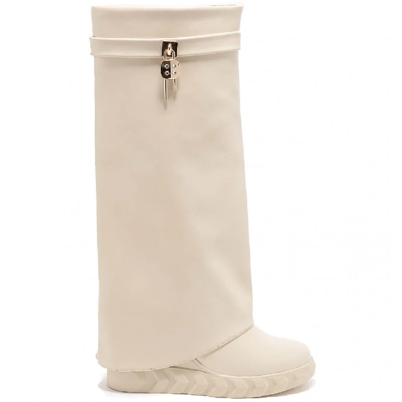 PAMMY CREAM WEDGE KNEE HIGH OVERLAP BOOTS