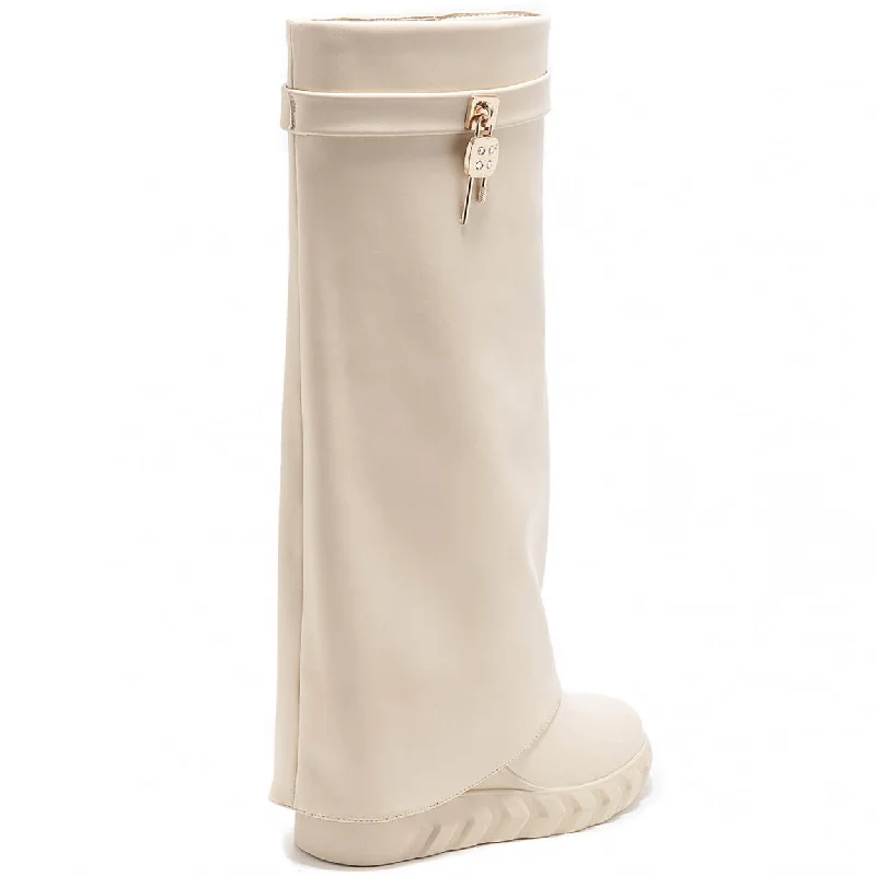 PAMMY CREAM WEDGE KNEE HIGH OVERLAP BOOTS