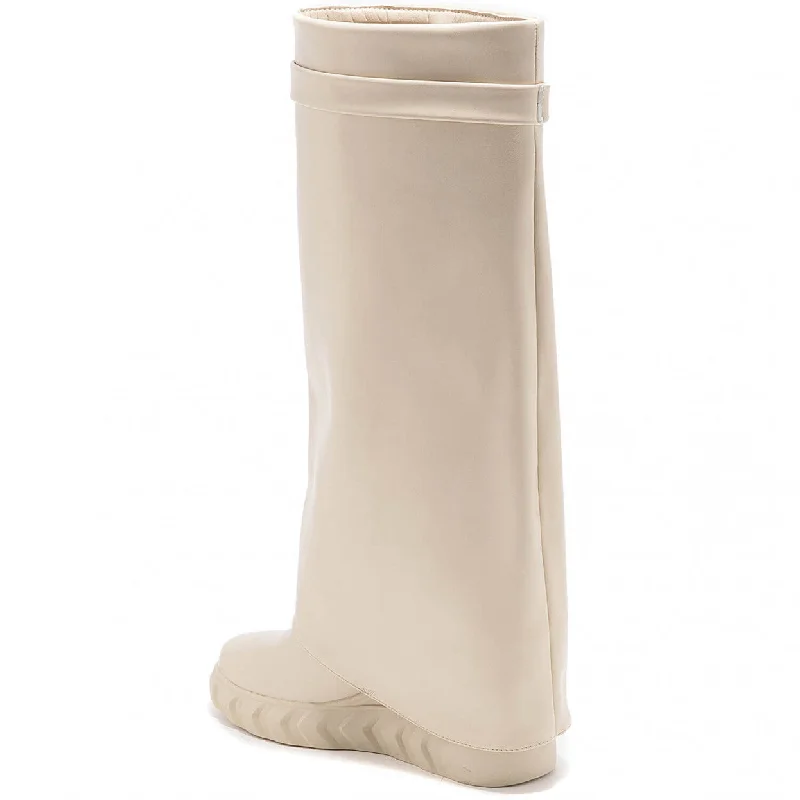 PAMMY CREAM WEDGE KNEE HIGH OVERLAP BOOTS