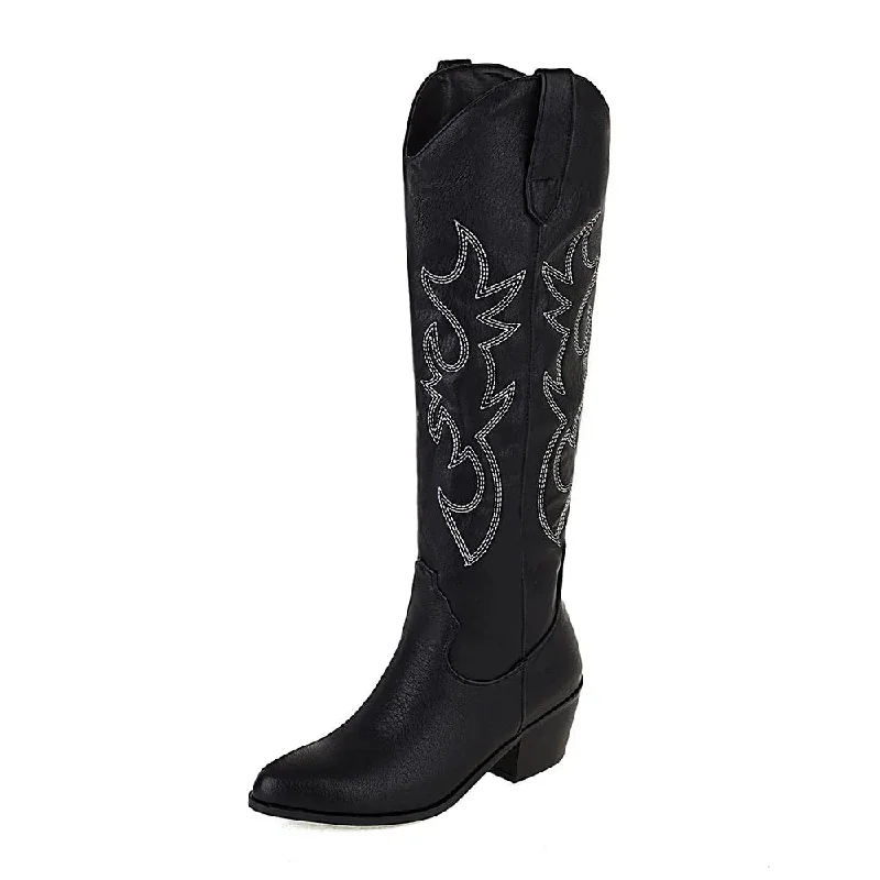 Retro Western Boots Women Pink Embroidered Pointed Toe Winter Knee High Boot