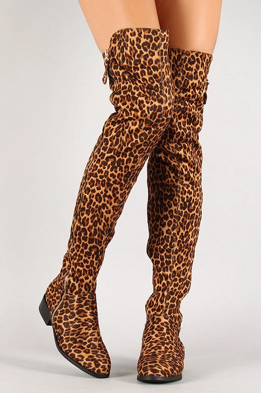 Leopard Suede Zip Up Thigh High Boot