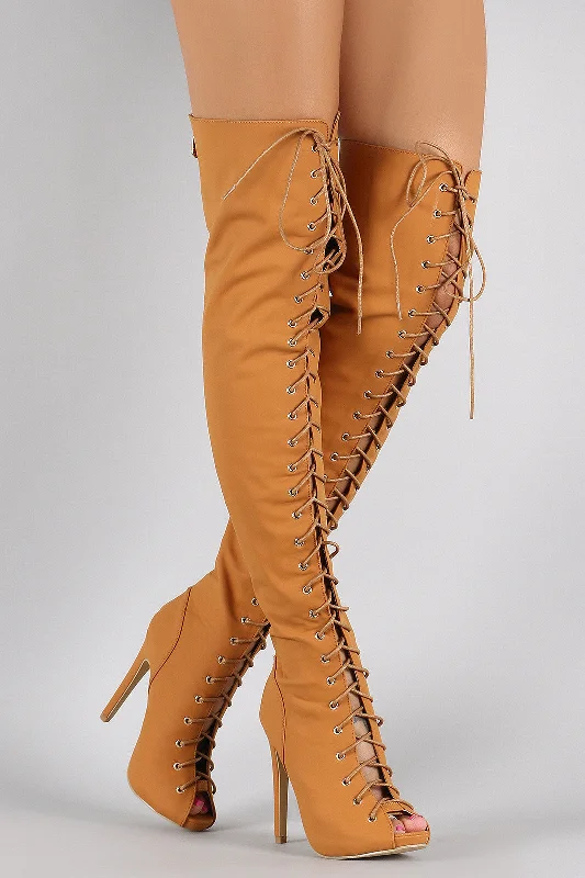 Nubuck Lace Up Peep Toe Stiletto Over the Knee Boots