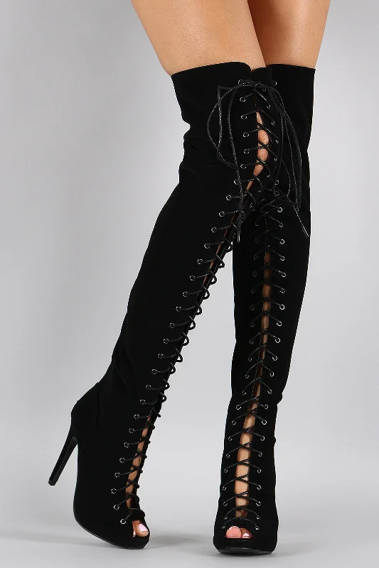 Nubuck Lace Up Peep Toe Stiletto Over the Knee Boots