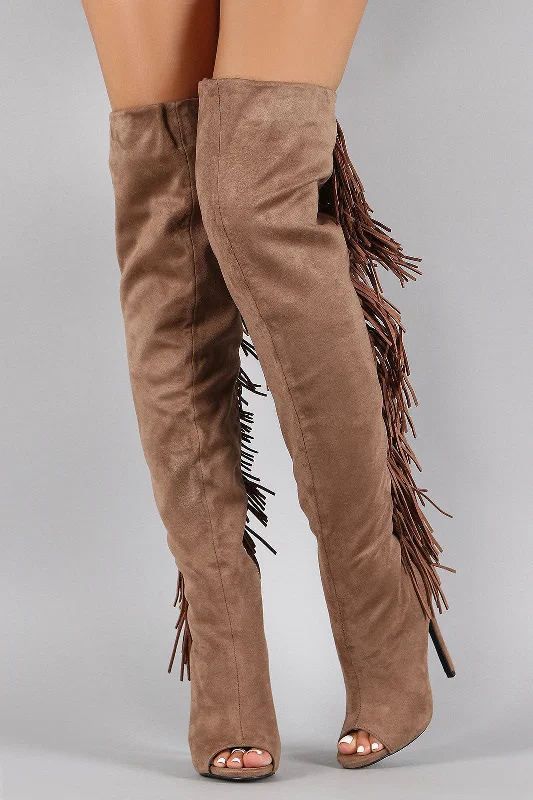 Privileged Suede Fringe Peep Toe Stiletto Thigh High Boot