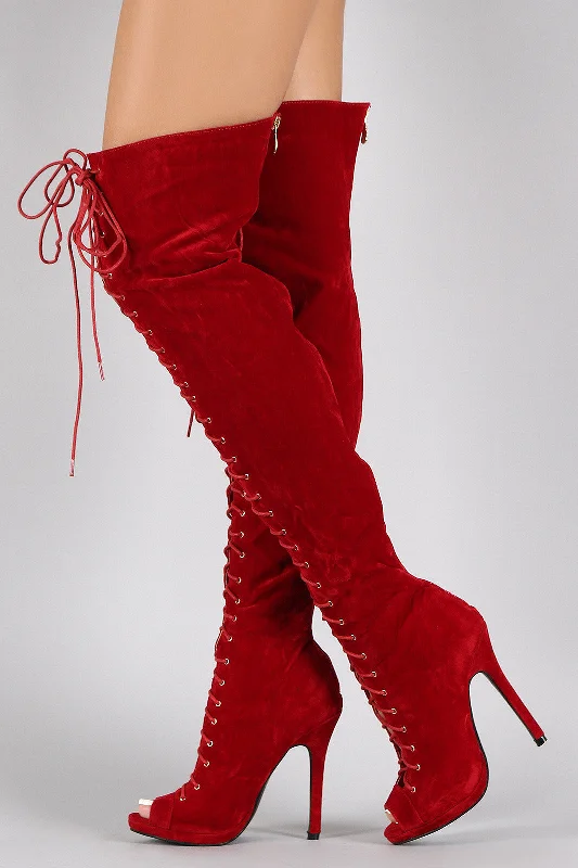 Liliana Peep Toe Lace Up Stiletto Thigh High Boot