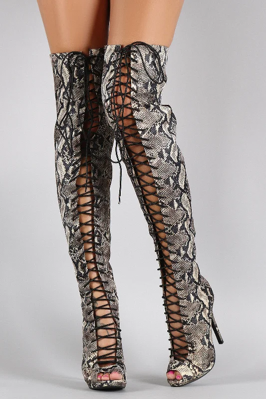 Liliana Python Peep Toe Lace Up Stiletto Thigh High Boot