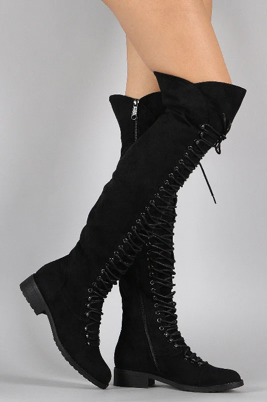 Lace Up Faux Suede Over The Knee Boot