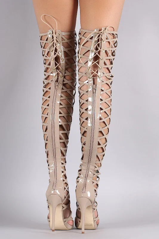 Patent Caged Back Lace-Up Over-The-Knee Stiletto Boots