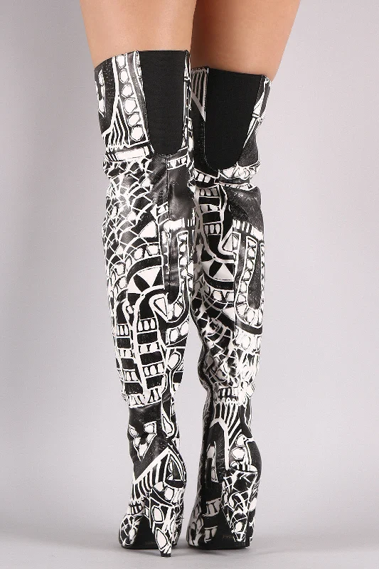 Graphic Print Peep Toe Cone Heeled Over-The-Knee Boots