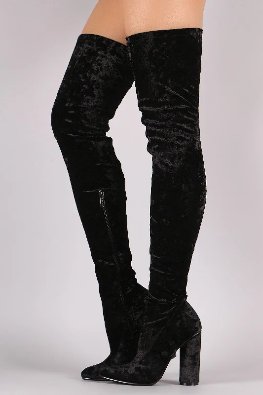 Velvet Pointy Toe Chunky Heeled Over-The-Knee Boots