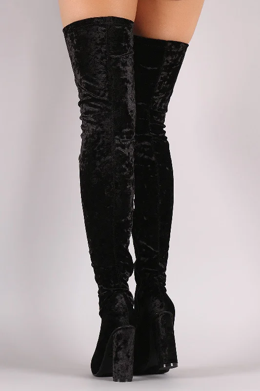 Velvet Pointy Toe Chunky Heeled Over-The-Knee Boots