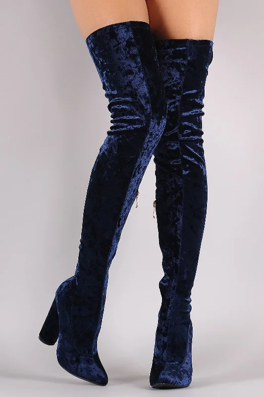 Velvet Pointy Toe Chunky Heeled Over-The-Knee Boots