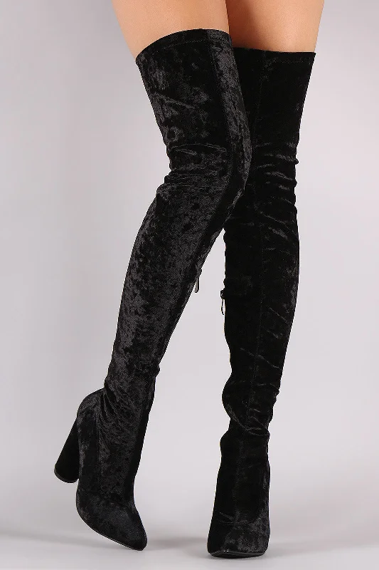 Velvet Pointy Toe Chunky Heeled Over-The-Knee Boots