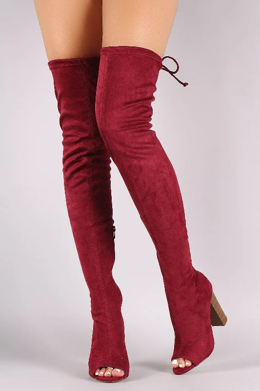 Suede Drawstring-Tie Chunky Heeled Over-The-Knee Boots