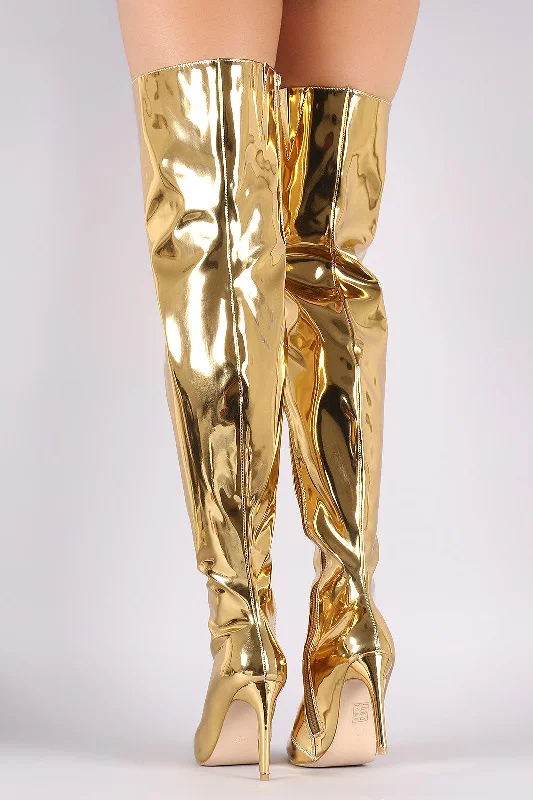 Mirror Metallic Pointy Toe Stiletto Over-The-Knee Boots