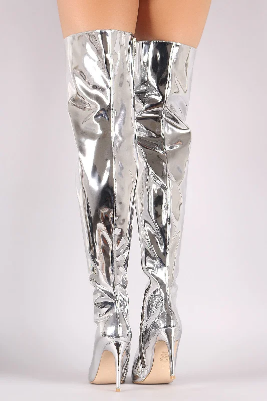 Mirror Metallic Pointy Toe Stiletto Over-The-Knee Boots