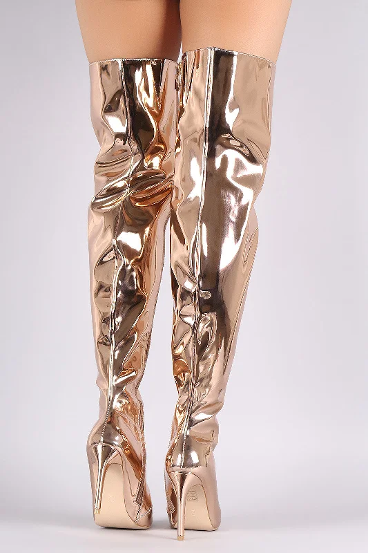 Mirror Metallic Pointy Toe Stiletto Over-The-Knee Boots