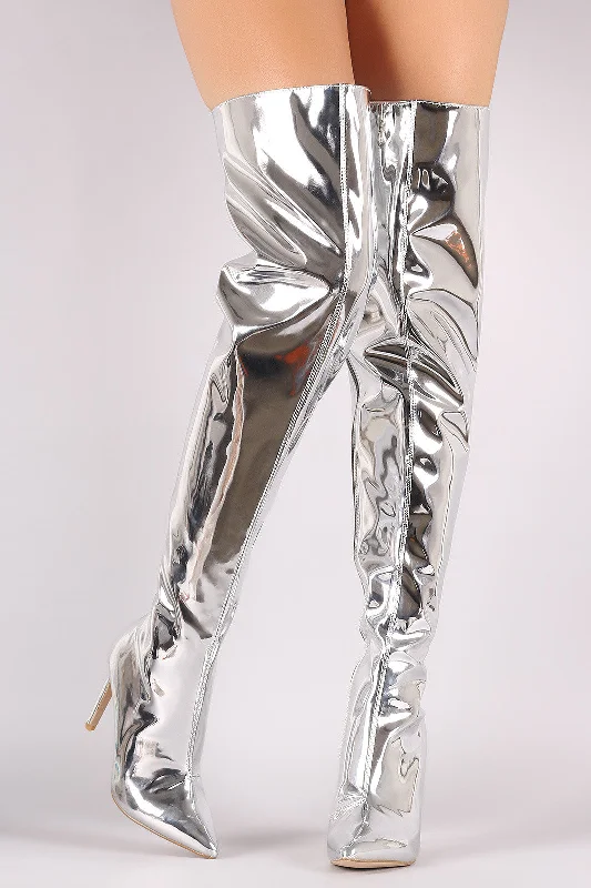 Mirror Metallic Pointy Toe Stiletto Over-The-Knee Boots