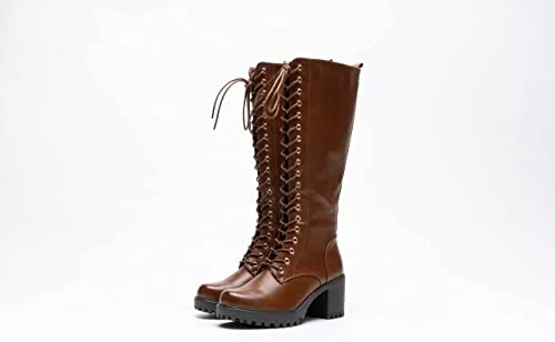 Women Knee High Boots Lace Up Zip Fastening Long Boots Block Heel Platform Camel A68093