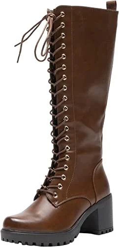 Women Knee High Boots Lace Up Zip Fastening Long Boots Block Heel Platform Camel A68093