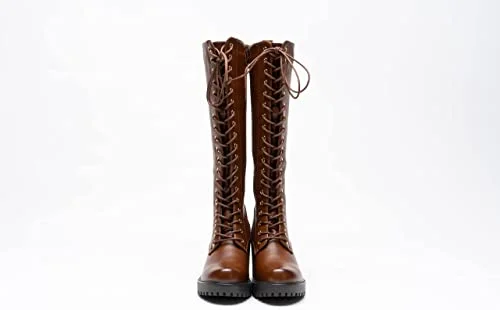 Women Knee High Boots Lace Up Zip Fastening Long Boots Block Heel Platform Camel A68093