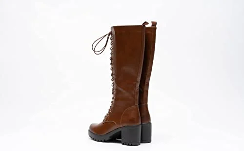 Women Knee High Boots Lace Up Zip Fastening Long Boots Block Heel Platform Camel A68093