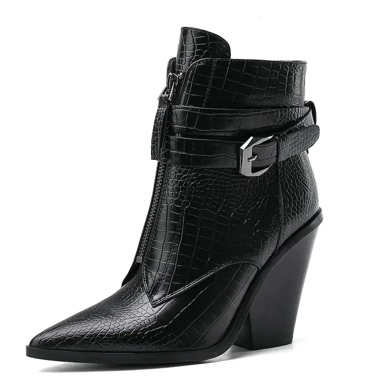 Women Western Boots High Heel Ankle Boots Buckle Zipper Motorcycle Boots Autumn Winter Boots