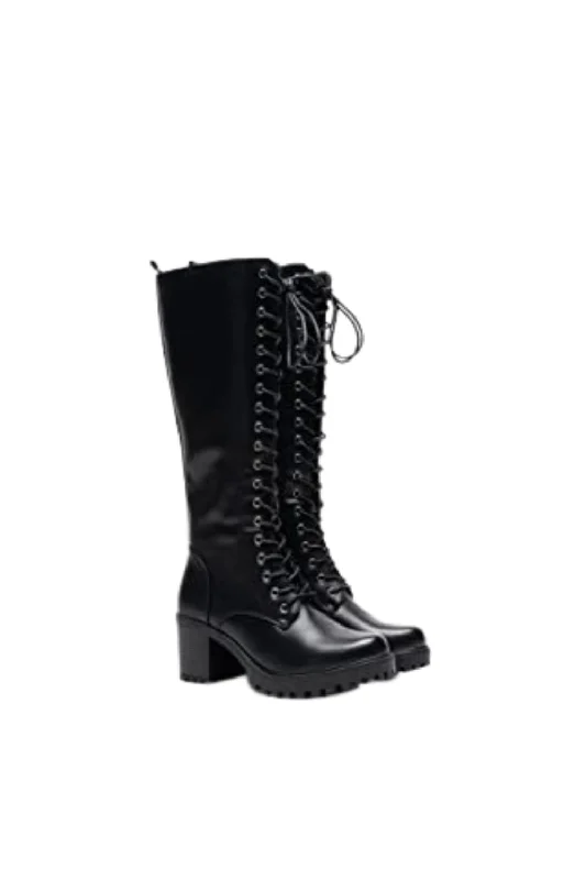 Women Knee High Boots Lace Up Zip Fastening Long Boots Block Heel Platform Black A68093