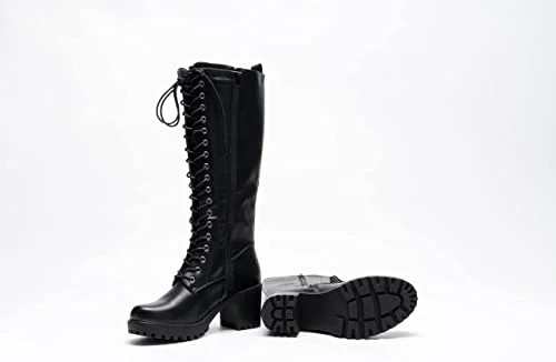 Women Knee High Boots Lace Up Zip Fastening Long Boots Block Heel Platform Black A68093