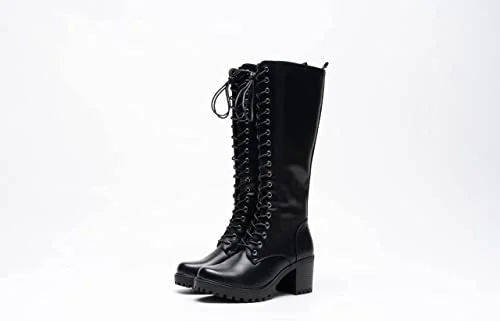 Women Knee High Boots Lace Up Zip Fastening Long Boots Block Heel Platform Black A68093