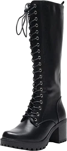 Women Knee High Boots Lace Up Zip Fastening Long Boots Block Heel Platform Black A68093