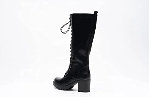 Women Knee High Boots Lace Up Zip Fastening Long Boots Block Heel Platform Black A68093