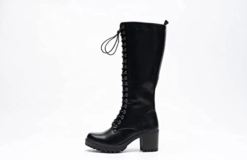 Women Knee High Boots Lace Up Zip Fastening Long Boots Block Heel Platform Black A68093