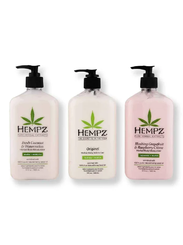 Hempz Original Herbal Body Moisturizer 17oz, Fresh Coconut & Watermelon Moisturizer 17oz, & Blushing Grapefruit & Raspberry Creme Moisturizer 17oz