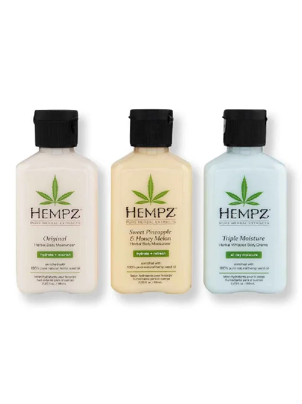 Hempz Original Herbal Body Moisturizer 2.25oz, Sweet Pineapple & Honey Melon Herbal Body Moisturizer 2.25oz, & Triple Moisture Herbal Whipped Body Creme 2.25oz